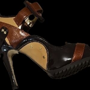 Sophisticated Edgy Brown Heels with Adjustable Strap and High Curved Heel 10